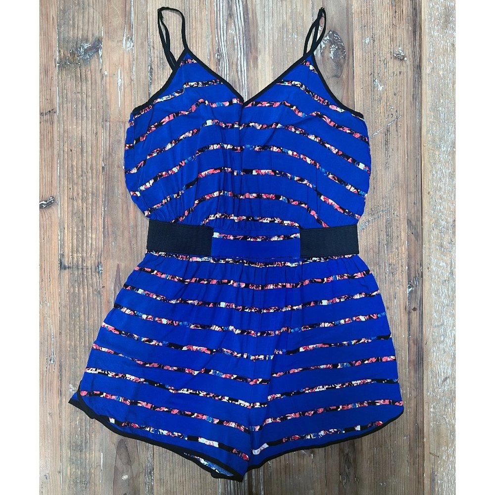 Xhilaration Blue/Multi Tank Romper with Elastic Waist